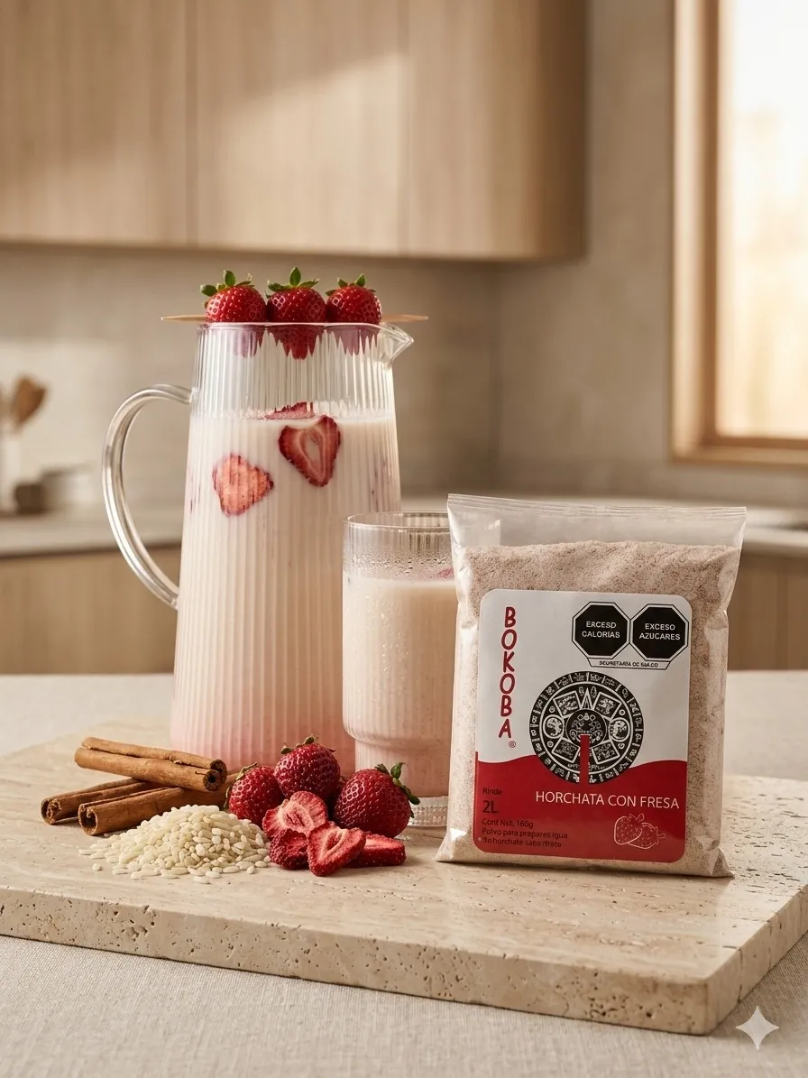 Caja de polvo natural para preparar agua de horchata con fresa