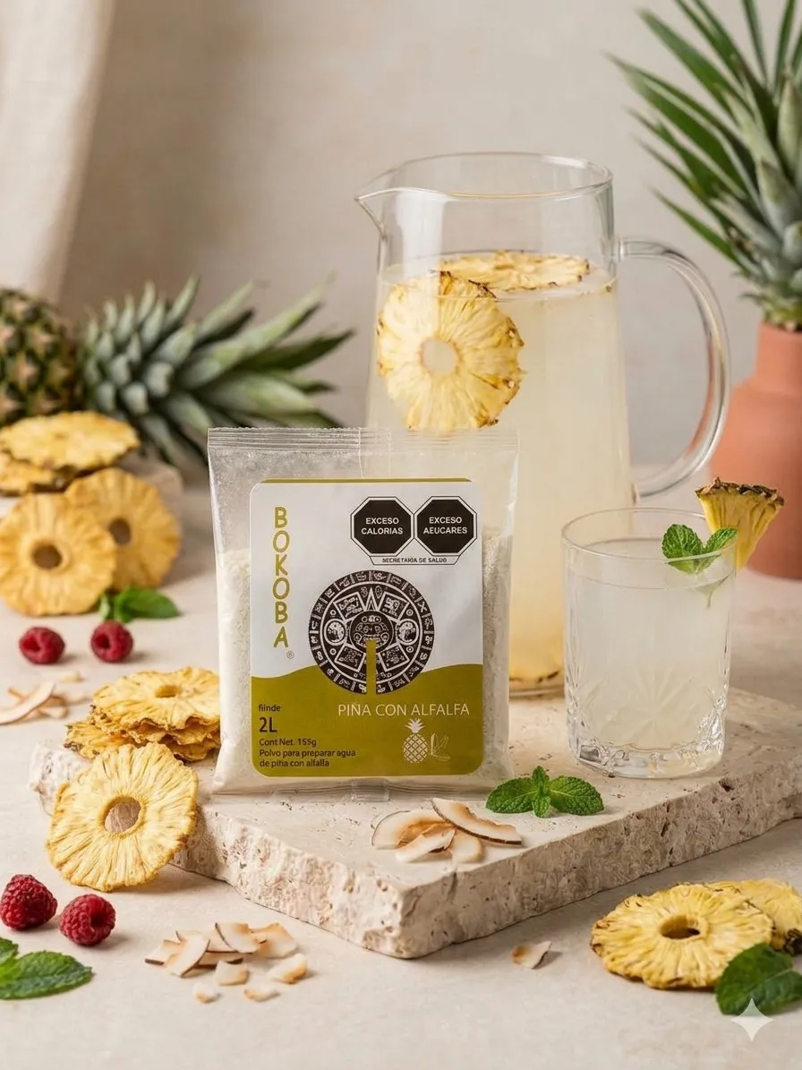 Caja de polvo natural para preparar agua de piña con alfalfa